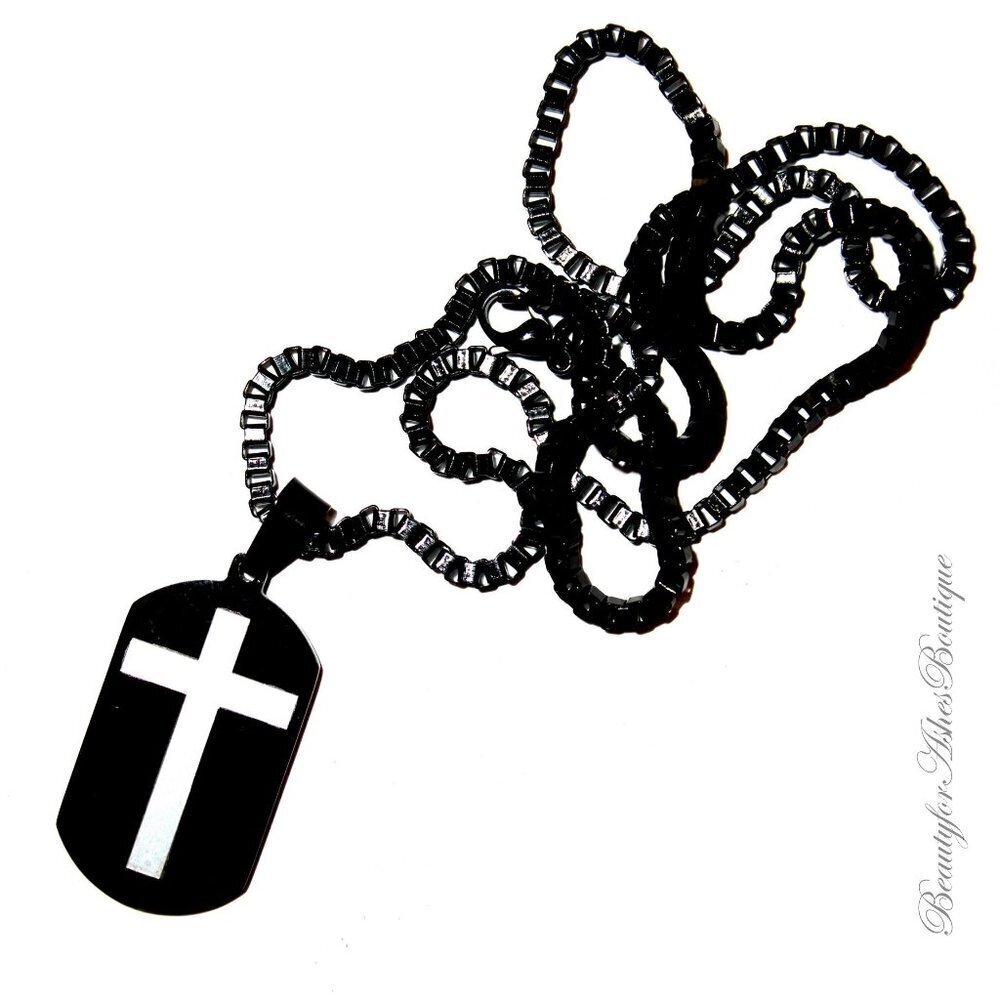 24" Mens Chain Black Stainless Steel Necklace Dog Tag Necklace - Picture 2 of 6
